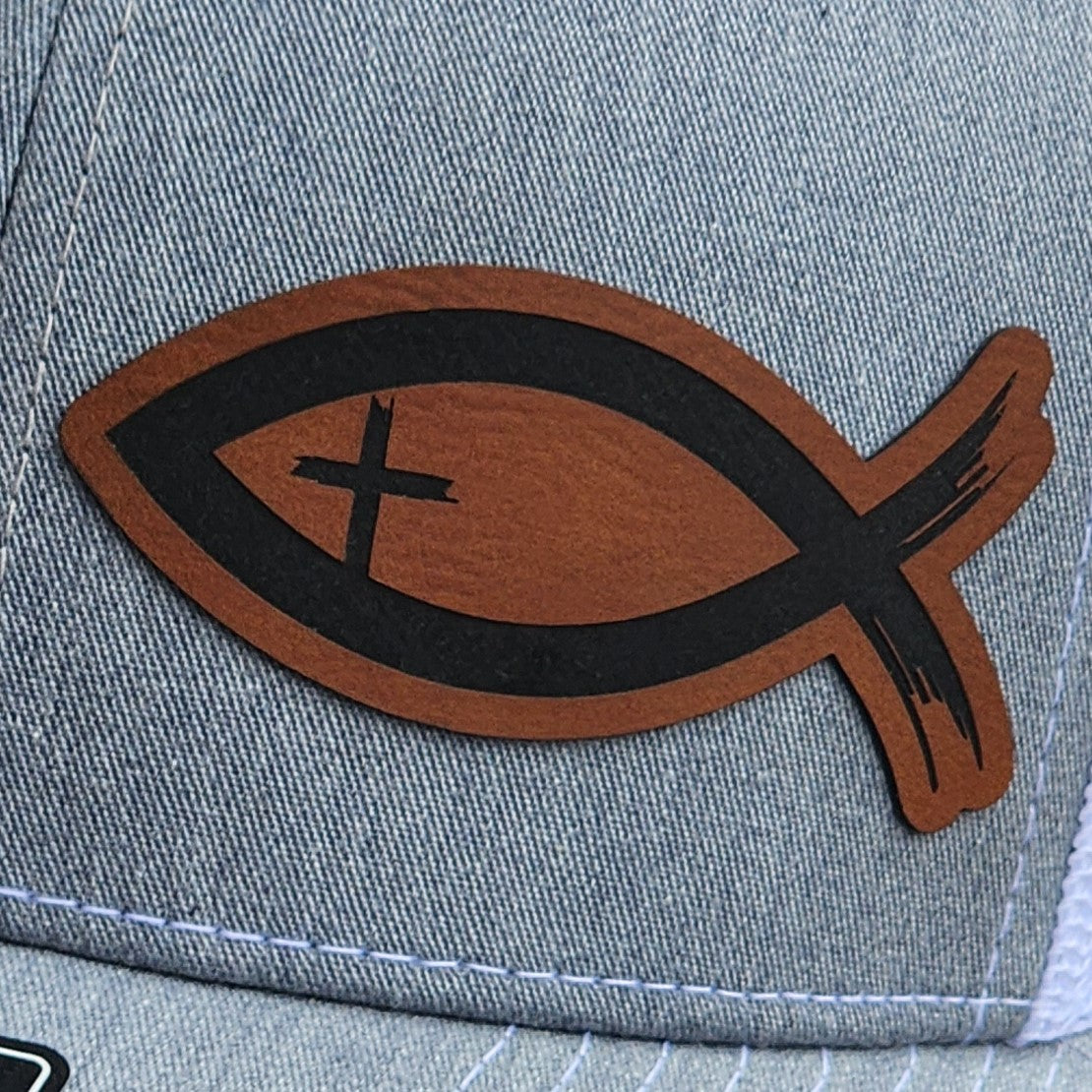 Ichthus Fish Engraved Leatherette Hat Patch - MR01