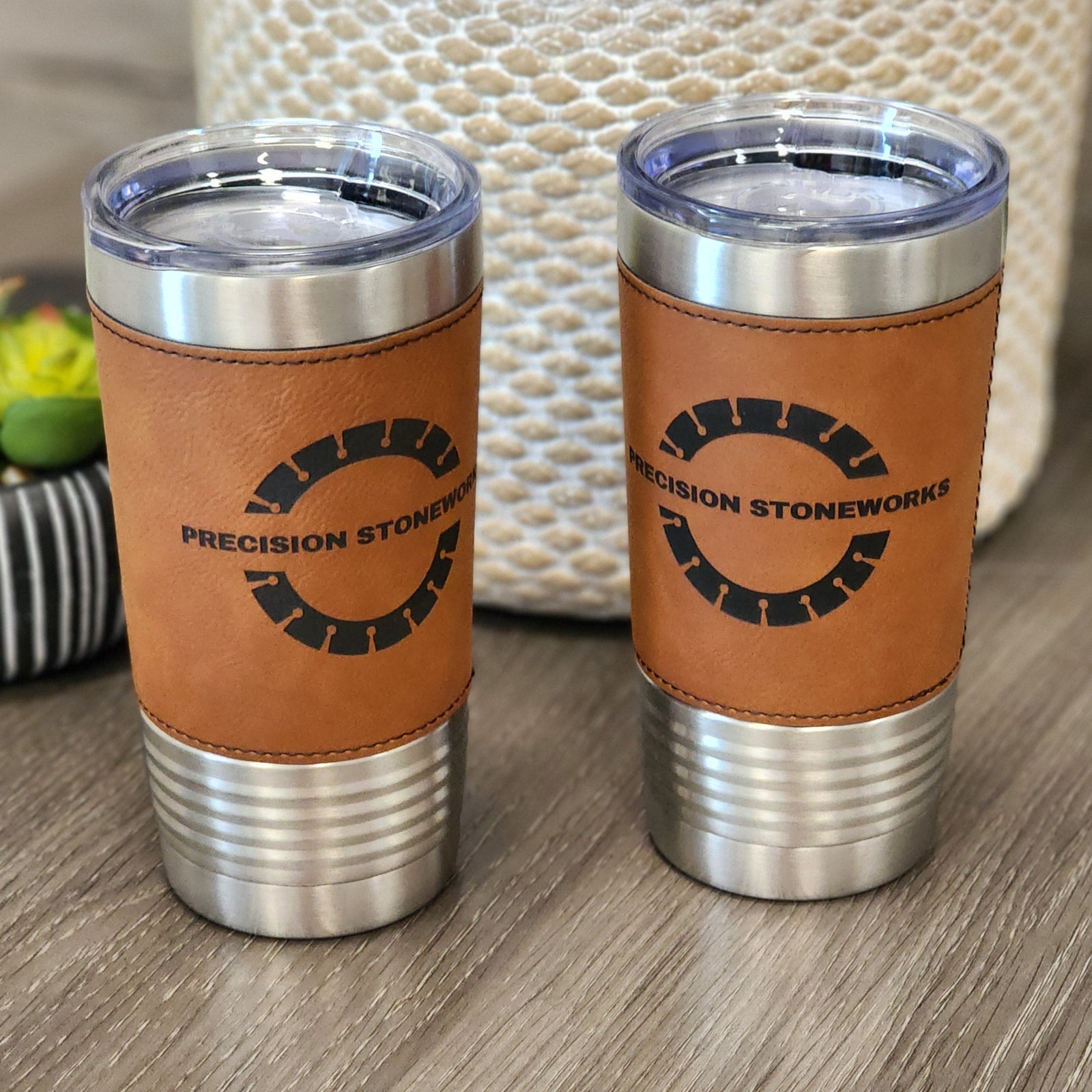 20 Ounce Stainless Steel Leather Wrapped Tumbler - Customized Business Promotional Drinkware - rawhide