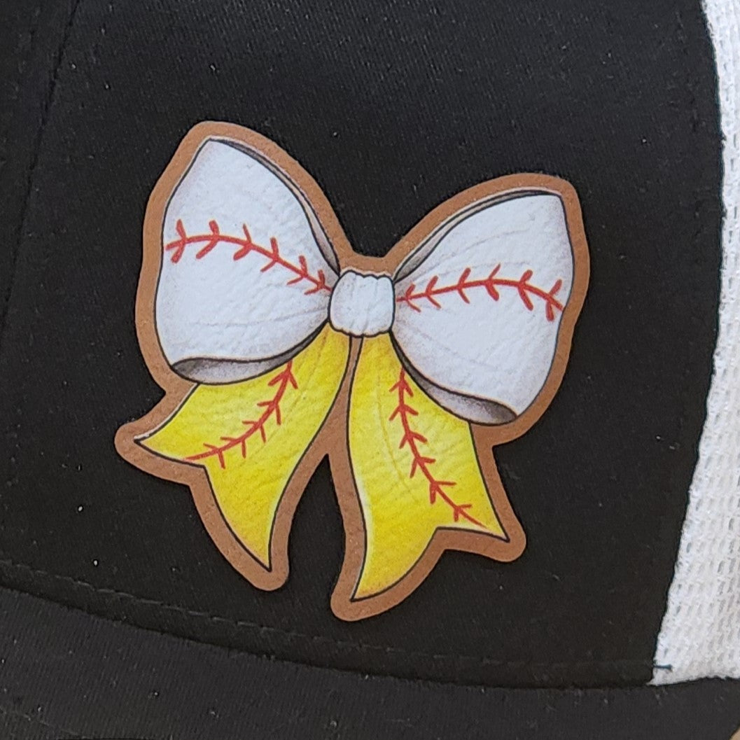 Baseball Softball Bow UV Printed Leatherette Hat Patch - MR01