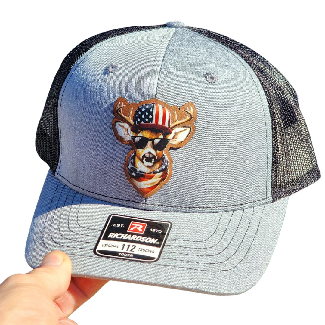 Deer Flag Patriotic UV Printed Leatherette Hat Patch - MR01