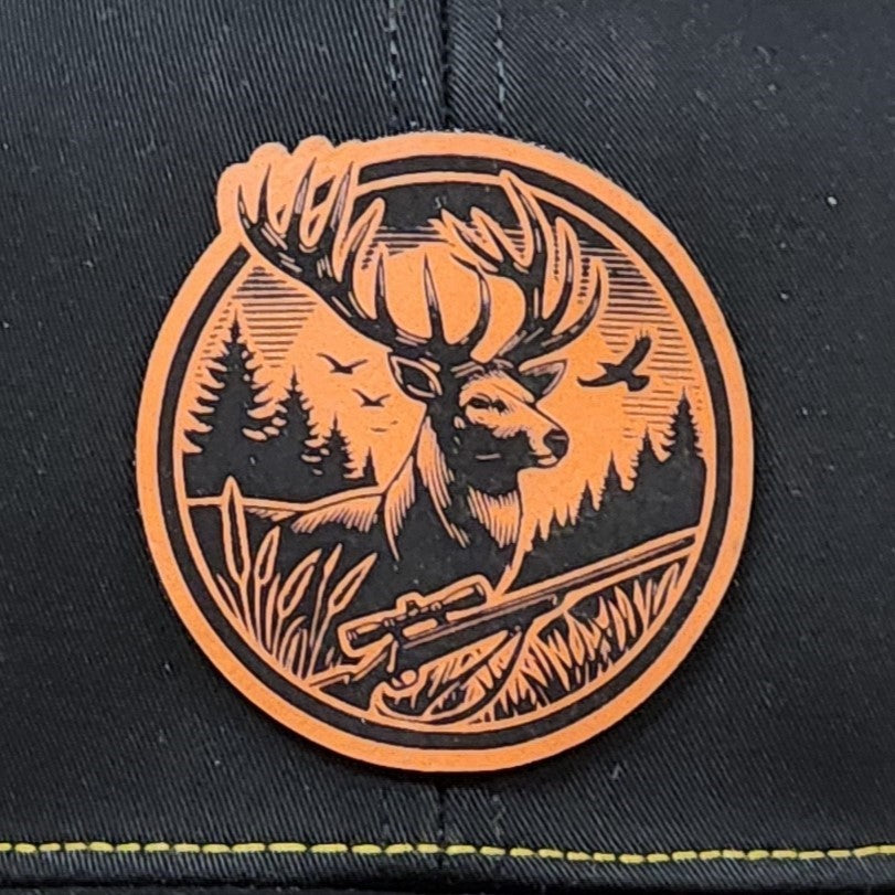 Orange Deer Hunting Engraved Leatherette Hat Patch - MR01