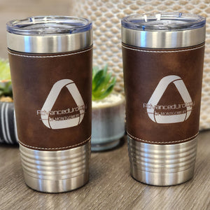 20 Ounce Stainless Steel Leather Wrapped Tumbler - Customized Business Promotional Drinkware - Rustic Leather Engraves Silver