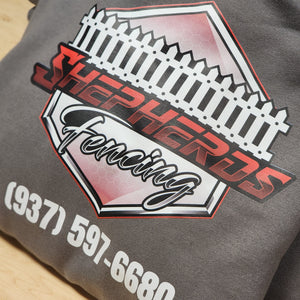 Gray sweatshirt with dtf logo print on the back with contact information