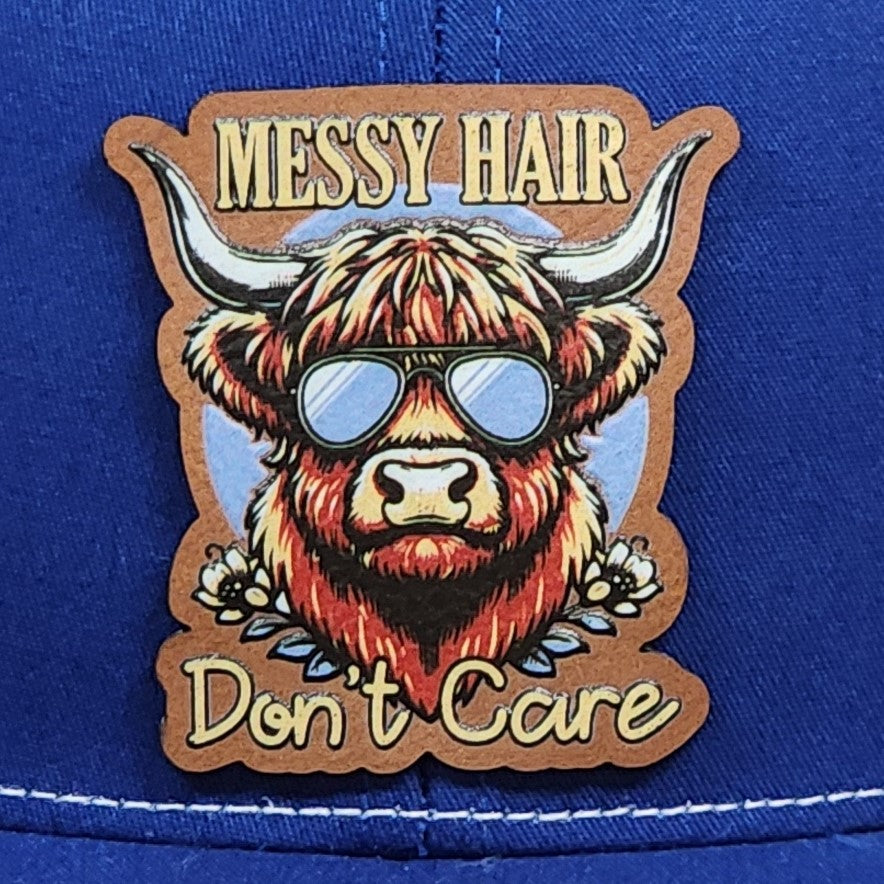 Messy Hair Highland Cow Engraved Leatherette Hat Patch - MR01