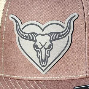 Heart-Shaped Bull Skull Engraved Leatherette Hat Patch - MR01