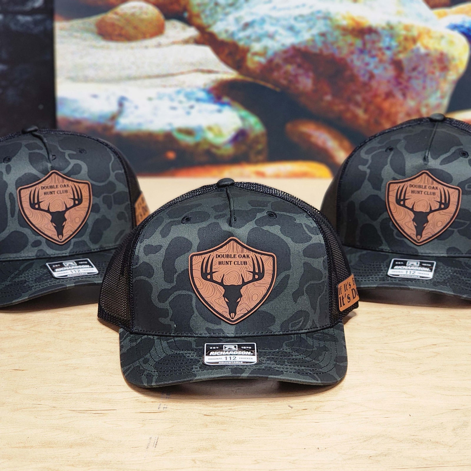 Bulk Camo Richardson 112 5 Panel Branded Leather Patch Trucker Hats