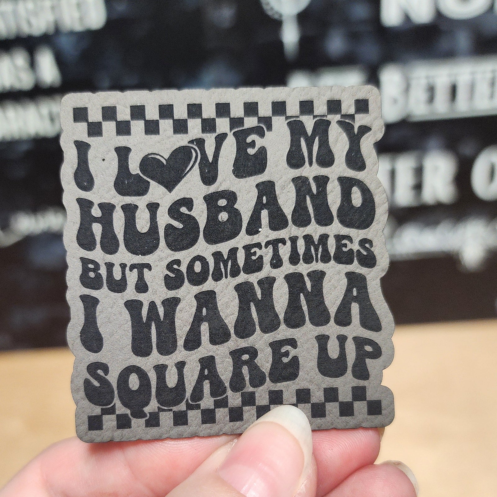 Square Up (Grey) Engraved Leatherette Hat Patch - MR01