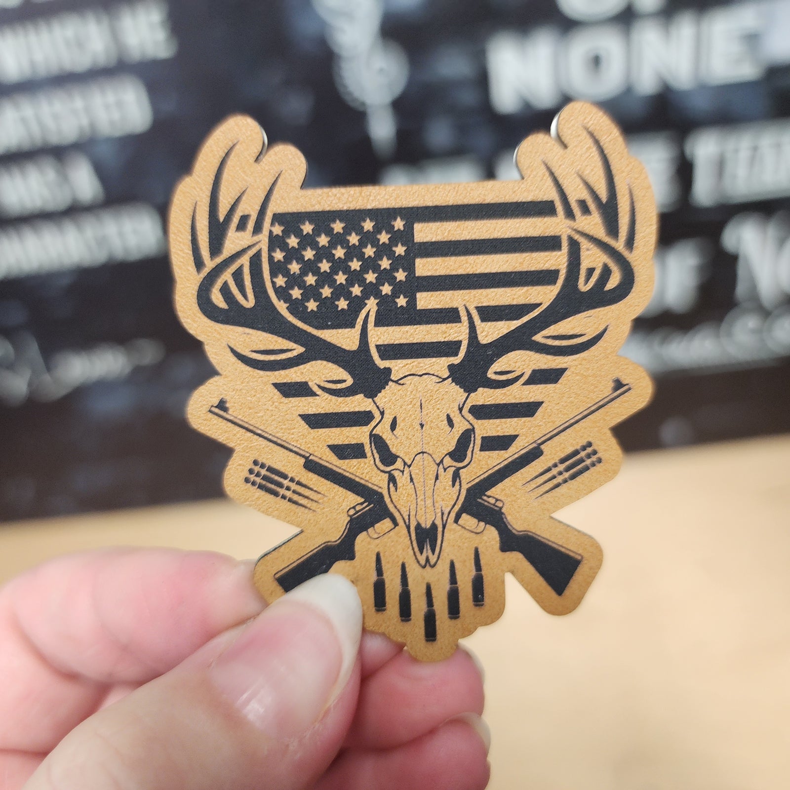 Patriotic Hunter's Skull (Choose Your Color) Engraved Leatherette Hat Patch - MR01