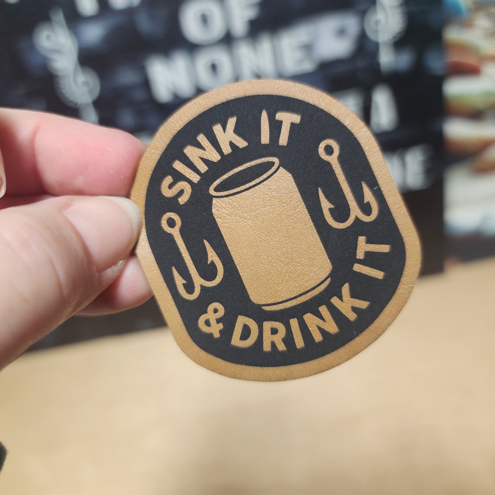 Sink Drink Fishing (Saddle Tan) Engraved Leatherette Hat Patch - MR01