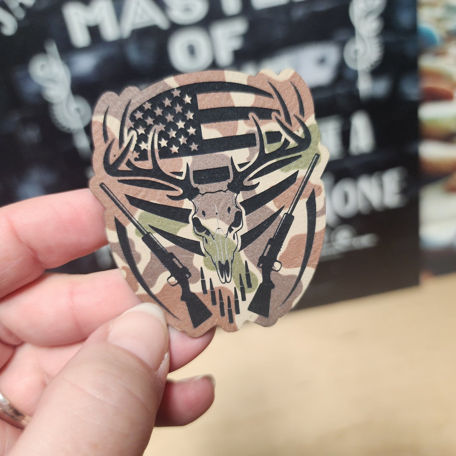 Hunting Skull with American Flag (Fowl Play Camo) Engraved Leatherette Hat Patch - MR01