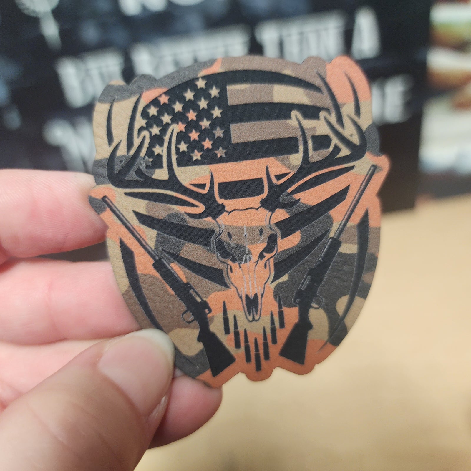Hunting Skull with American Flag (Orange Camo) Engraved Leatherette Hat Patch - MR01