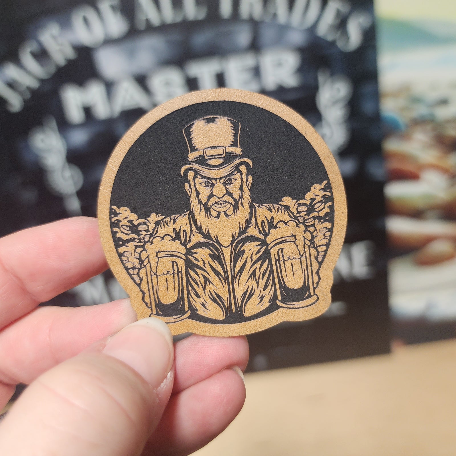 Leprechaun with Beer (Saddle Tan) Engraved Leatherette Hat Patch - MR01