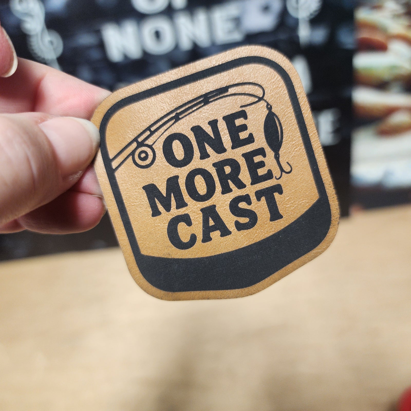 One More Cast Fishing (Saddle Tan) Engraved Leatherette Hat Patch - MR01