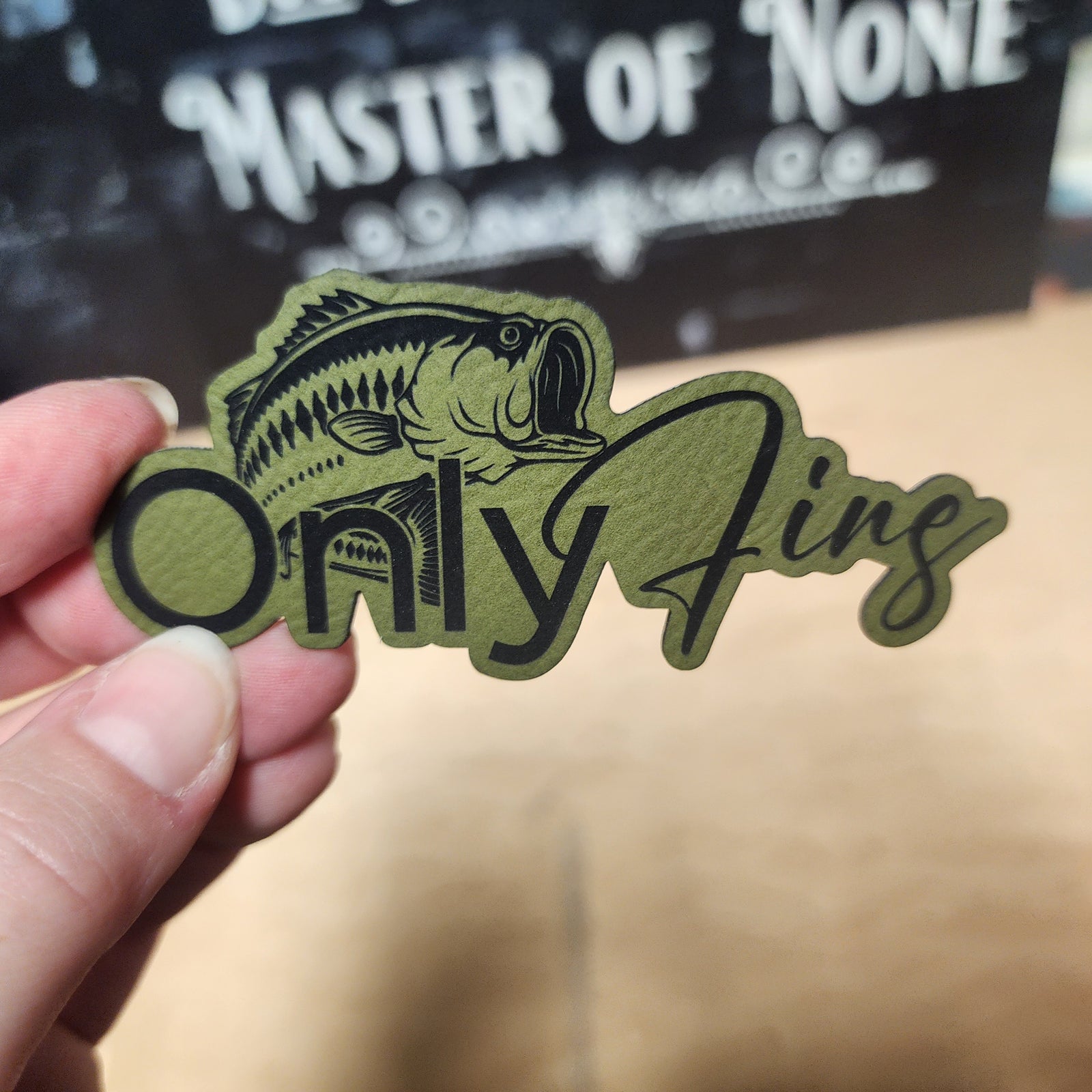 Only Fins Fishing (Olive Green) Engraved Leatherette Hat Patch - MR01