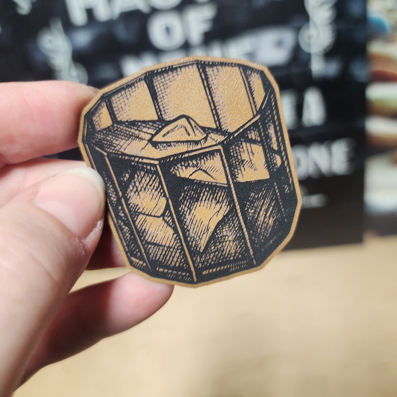 Vintage leatherette hat patch featuring a rustic wooden crate design, perfect for outdoor and adventure enthusiasts.