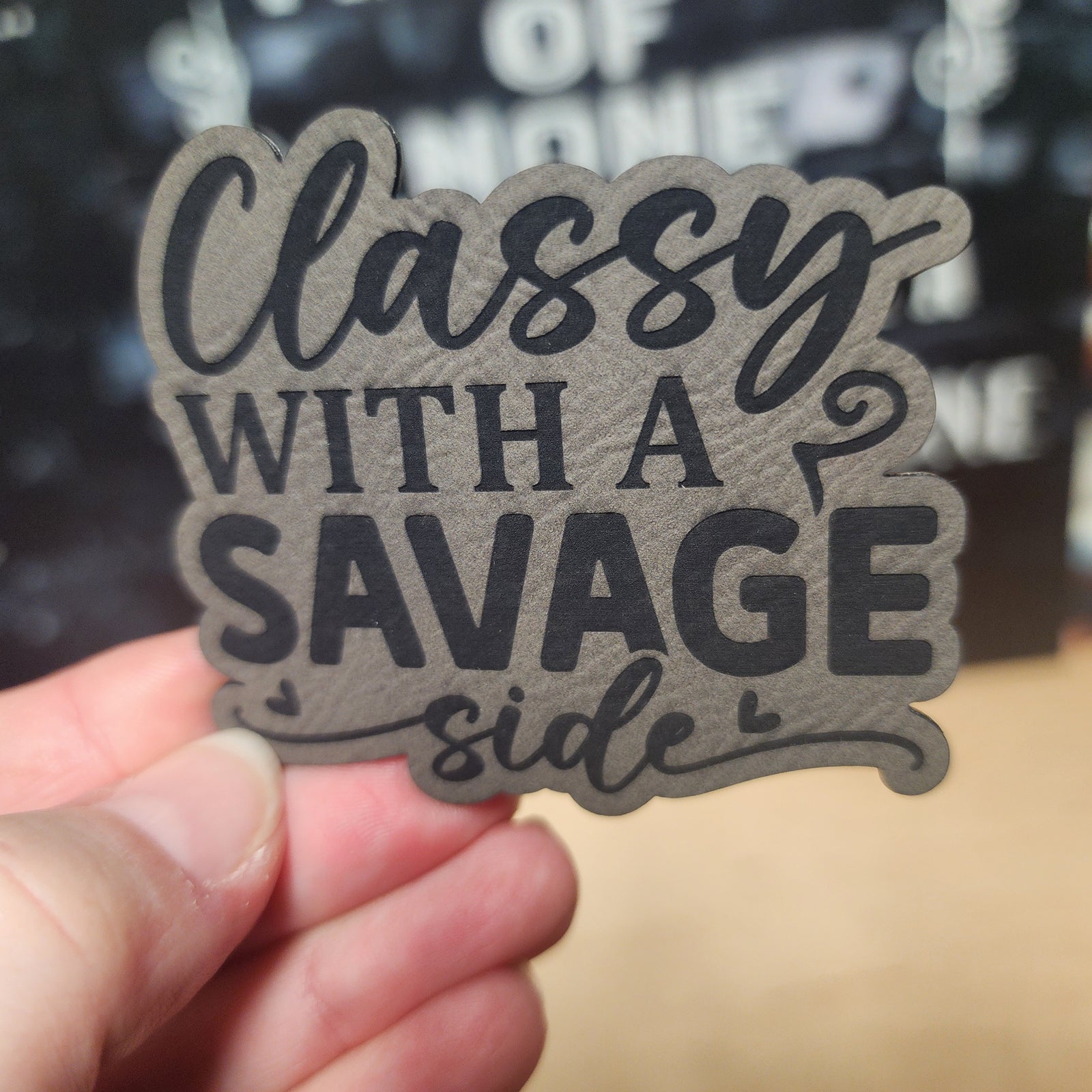 Classy with a Savage Side leatherette hat patch for trendy accessories and unique fashion statements.