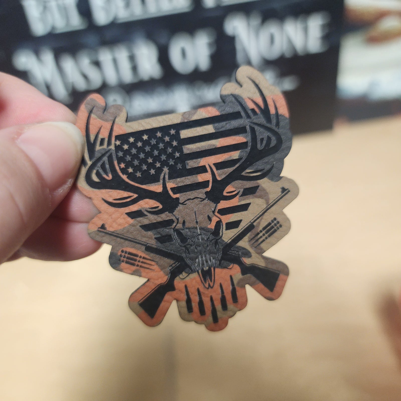 Patriotic Hunter's Skull (Choose Your Color) Engraved Leatherette Hat Patch - MR01