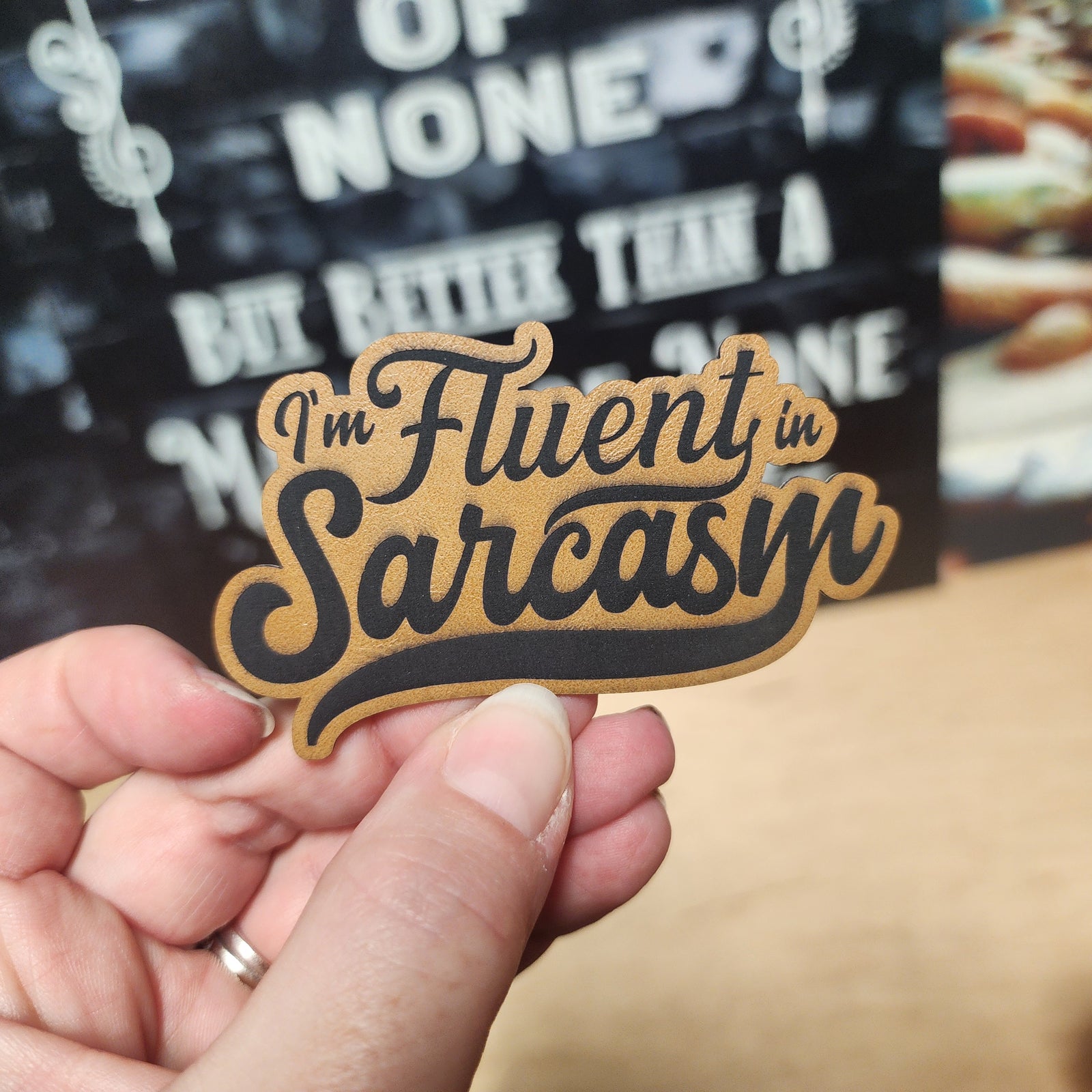 I'm Fluent in Sarcasm leatherette hat patch for humor lovers, perfect for quirky accessories and personal expression.
