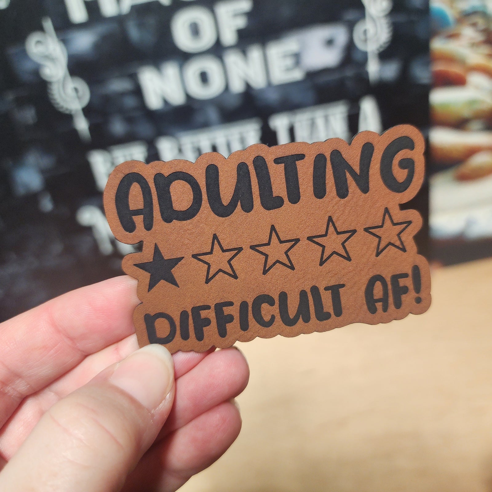 Adulting Difficult AF leatherette hat patch for humor gifts, funny patches for hats, quirky patches for adults.