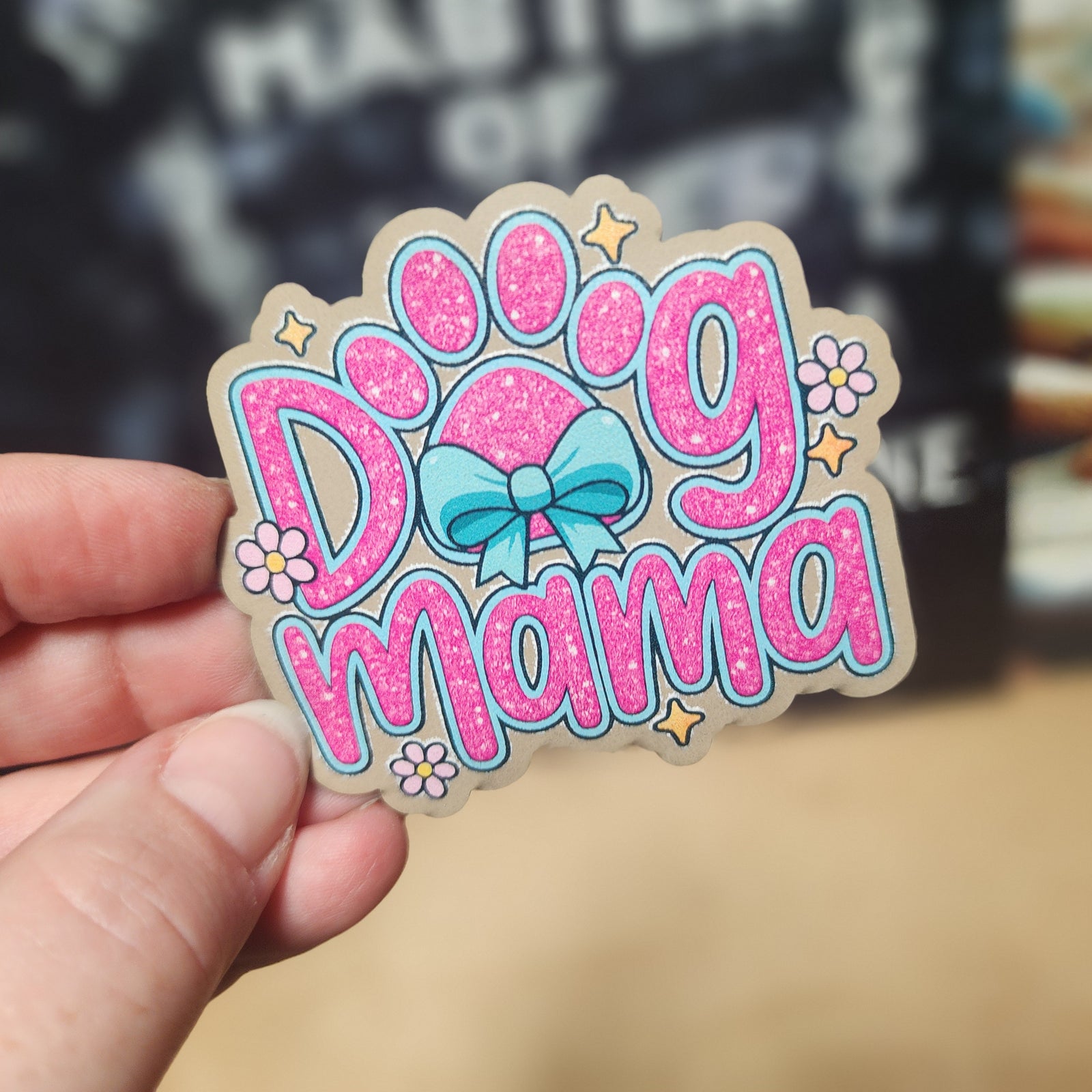 Dog Mama leatherette hat patch with paw print design, perfect for dog lovers and pet enthusiasts.