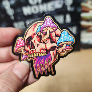 Psychedelic Skull with Mushrooms UV Printed Leatherette Hat Patch - MR01