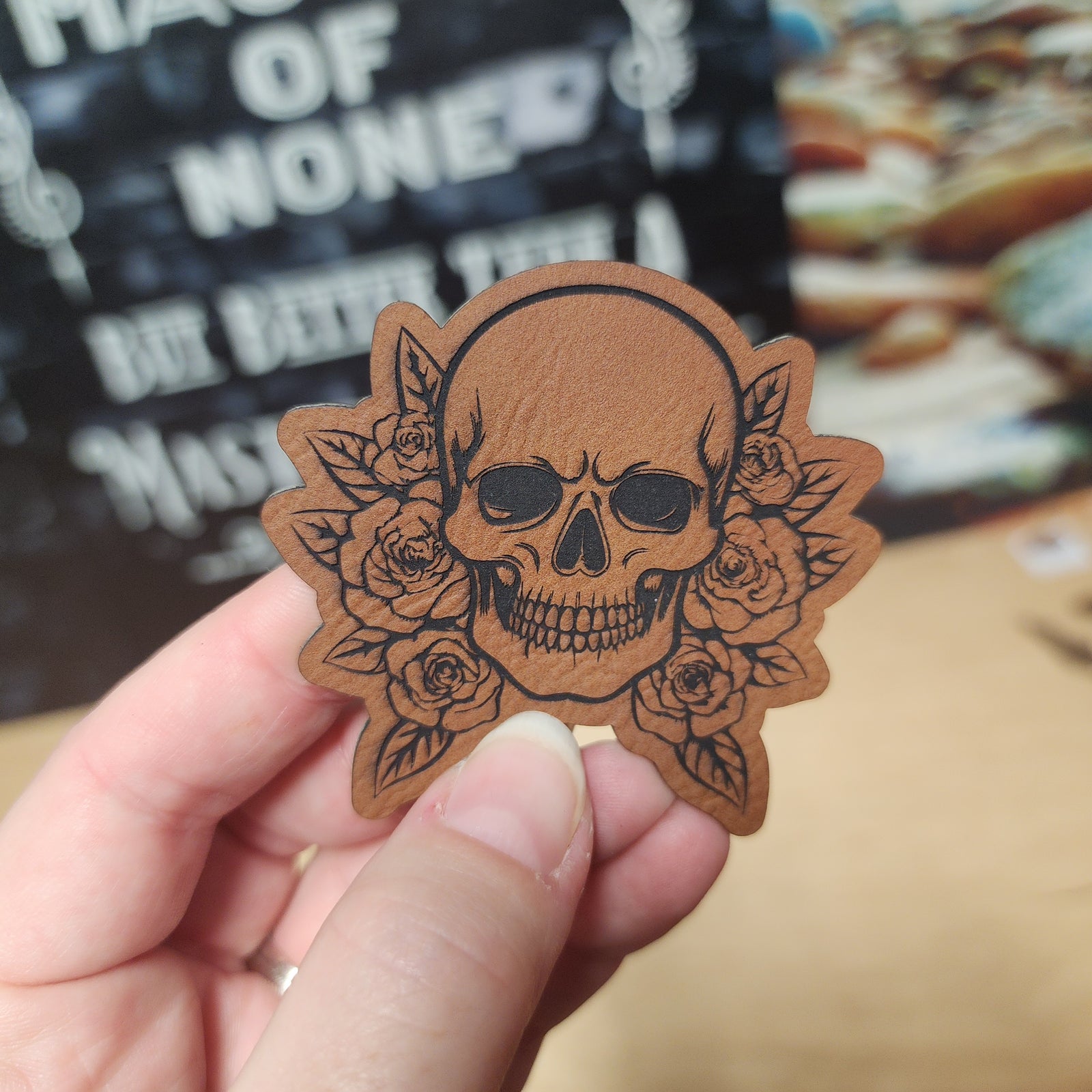 Skull with Roses Engraved Leatherette Hat Patch - MR01