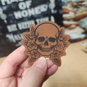 Skull with Roses Engraved Leatherette Hat Patch - MR01