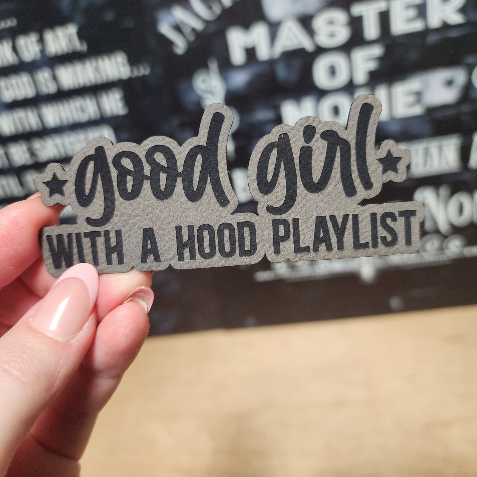 Good Girl with Hood Playlist Engraved Leatherette Hat Patch - MR01