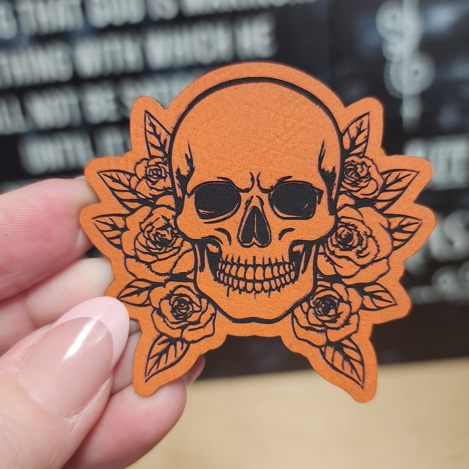 Orange Skull Surrounded by Roses Engraved Leatherette Hat Patch - MR01