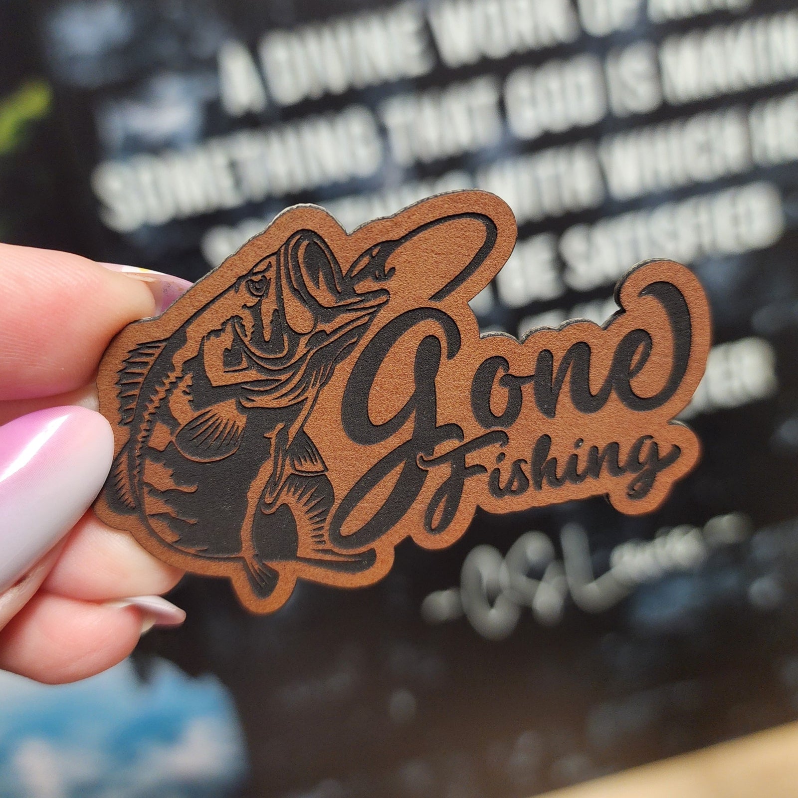 Gone Fishing Engraved Leatherette Hat Patch - MR01