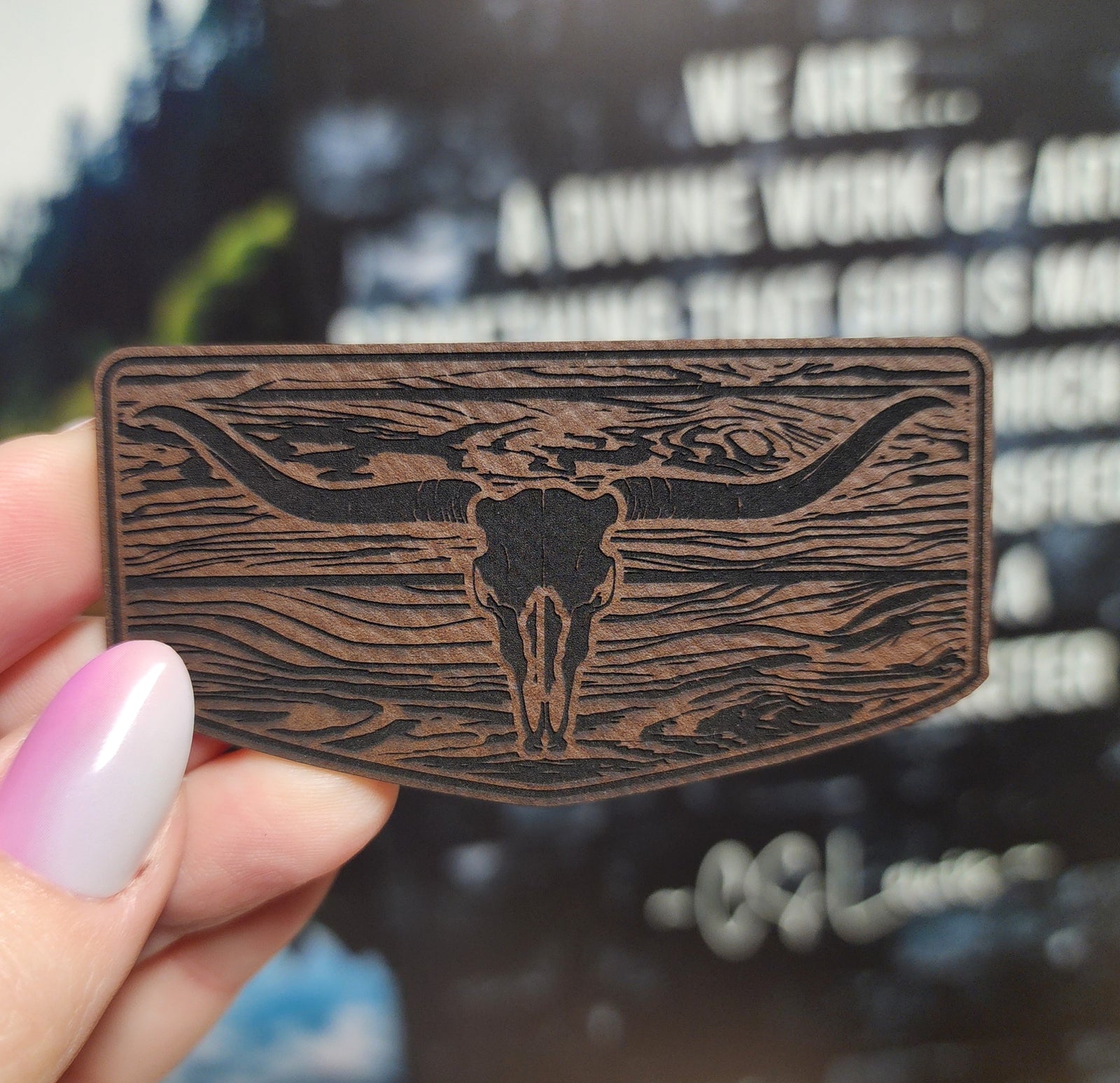 Rustic Longhorn Skull  Engraved Leatherette Hat Patch - MR01