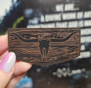 Rustic Longhorn Skull  Engraved Leatherette Hat Patch - MR01