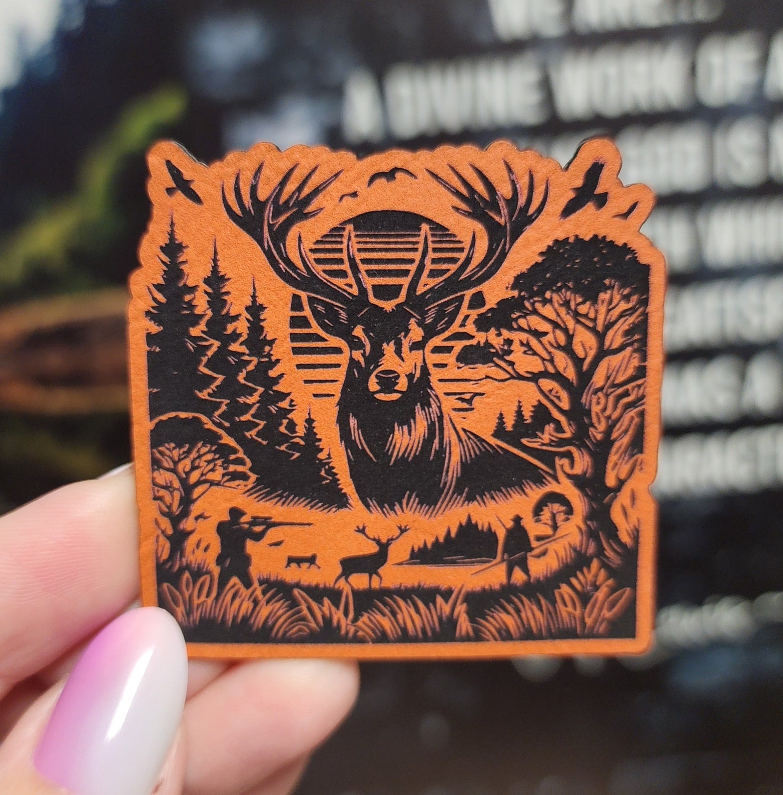 Deer Hunting Engraved Leatherette Hat Patch - MR01