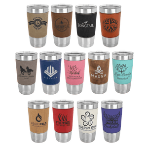 20 Ounce Stainless Steel Leather Wrapped Tumbler - Customized Business Promotional Drinkware - Example Leather Colors