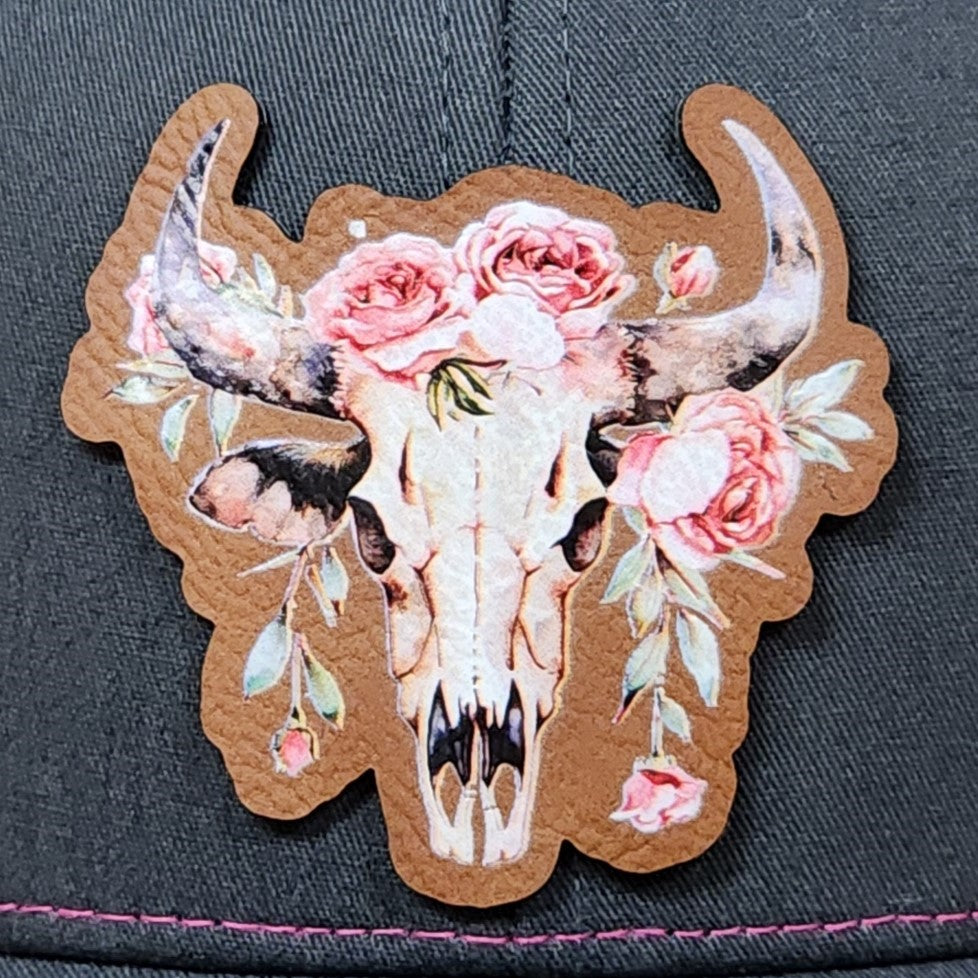 Floral skull leatherette hat patch with roses, perfect for boho and country style headwear.