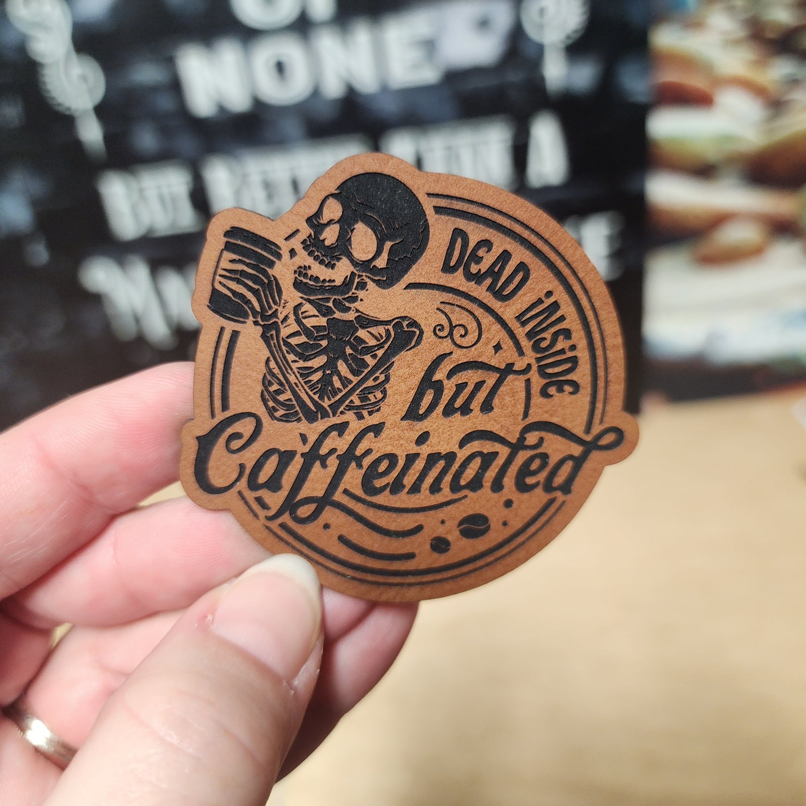 Dead Inside but Caffeinated leatherette hat patch, perfect for coffee lovers and Halloween enthusiasts.