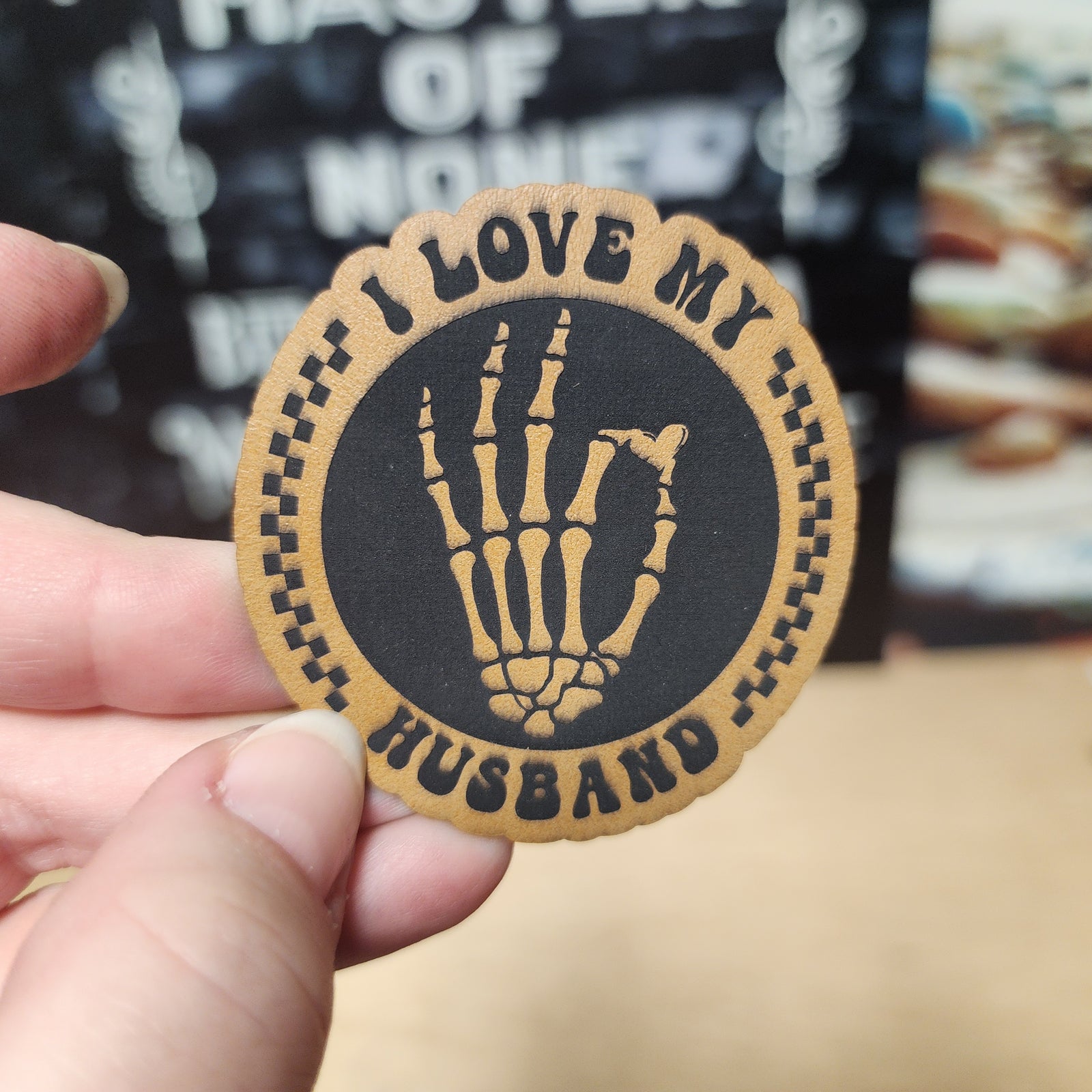 I Love My Husband leatherette patch with skeleton hand design, perfect for unique gifts and custom apparel.