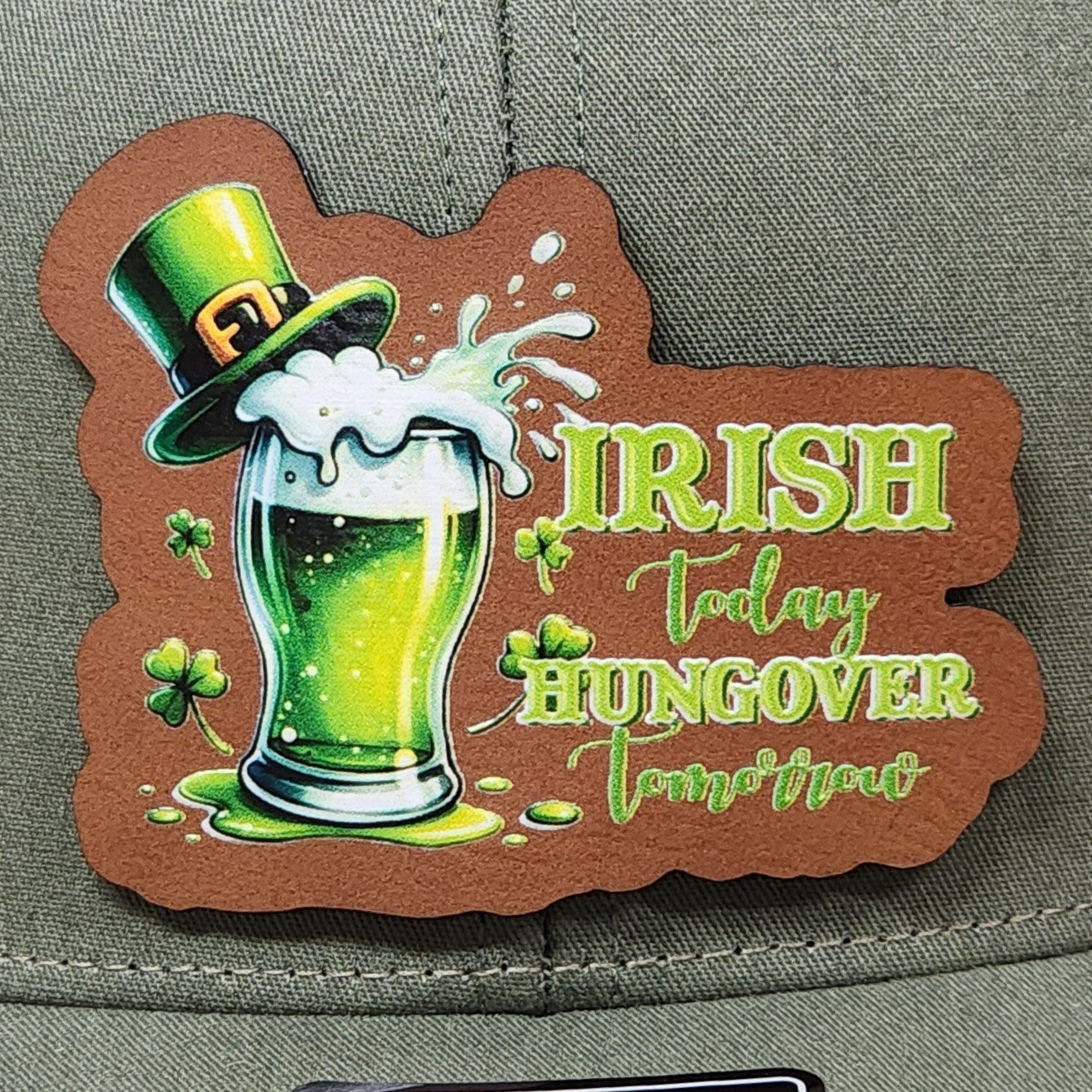St. Patrick's Day leatherette hat patch featuring green beer and festive sayings for Irish holiday celebrations.