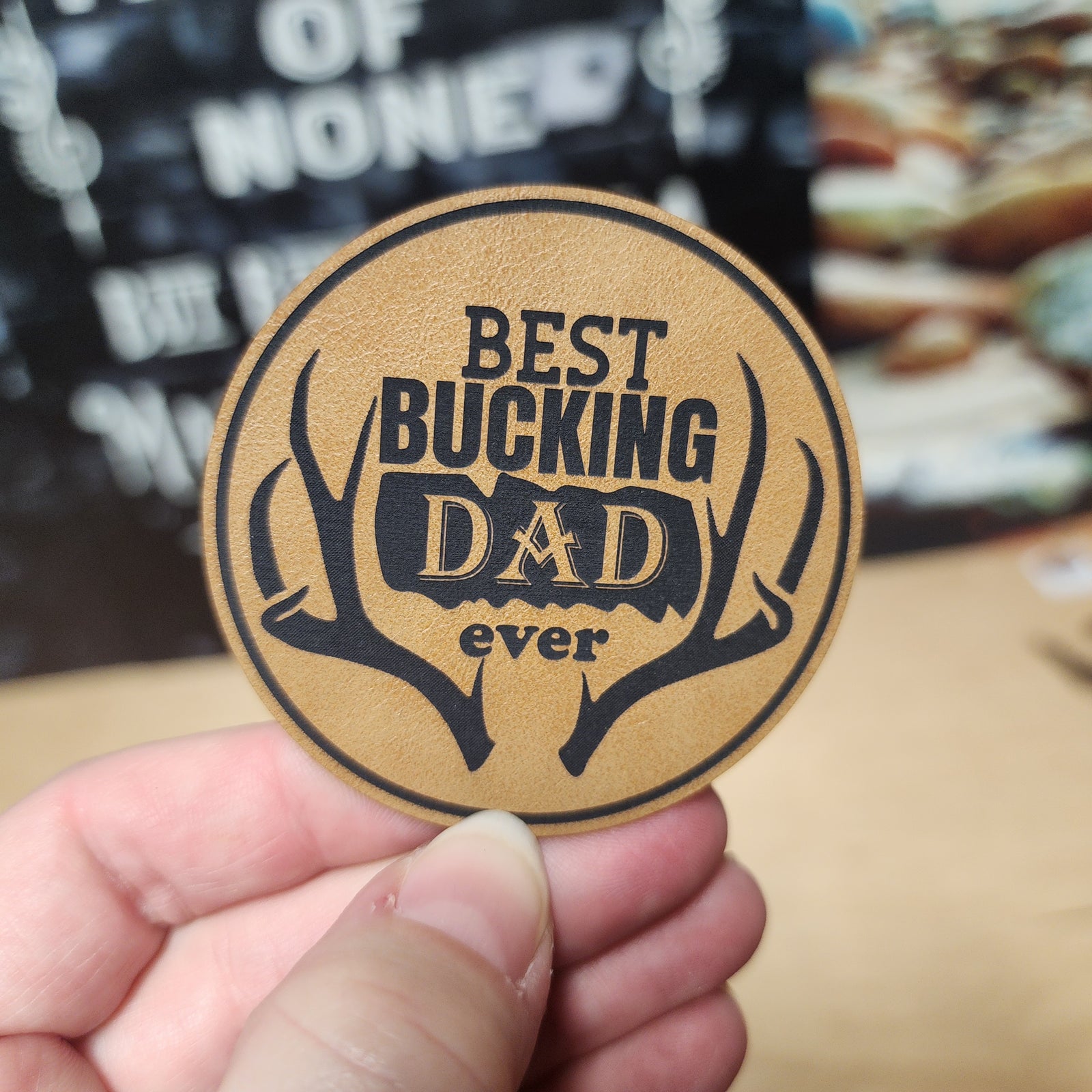 Best Bucking Dad Ever leatherette hat patch for outdoor enthusiasts, perfect gift for Father's Day.