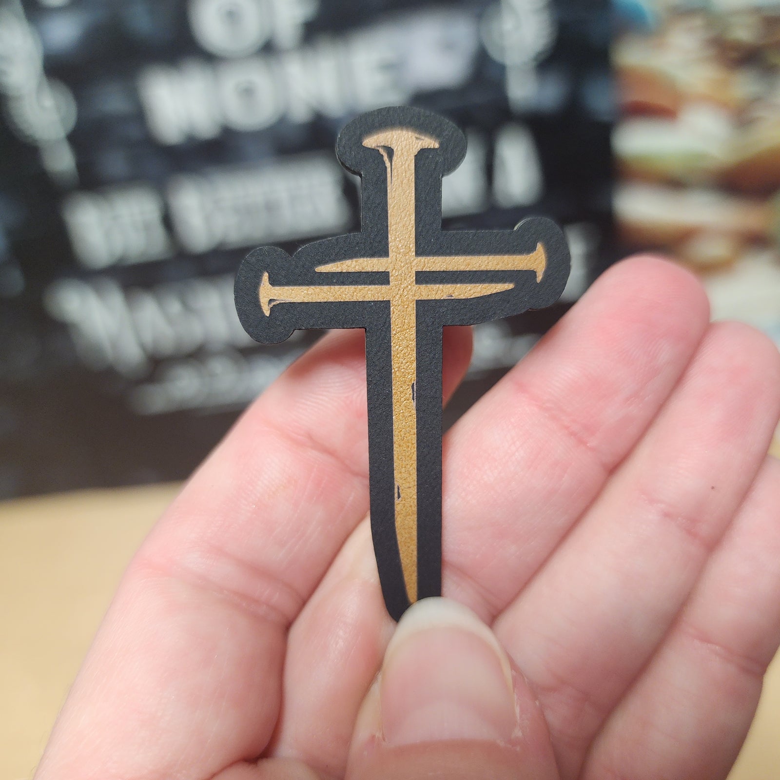 Leatherette cross hat patch with gold detailing, perfect for custom caps and spiritual accessories.