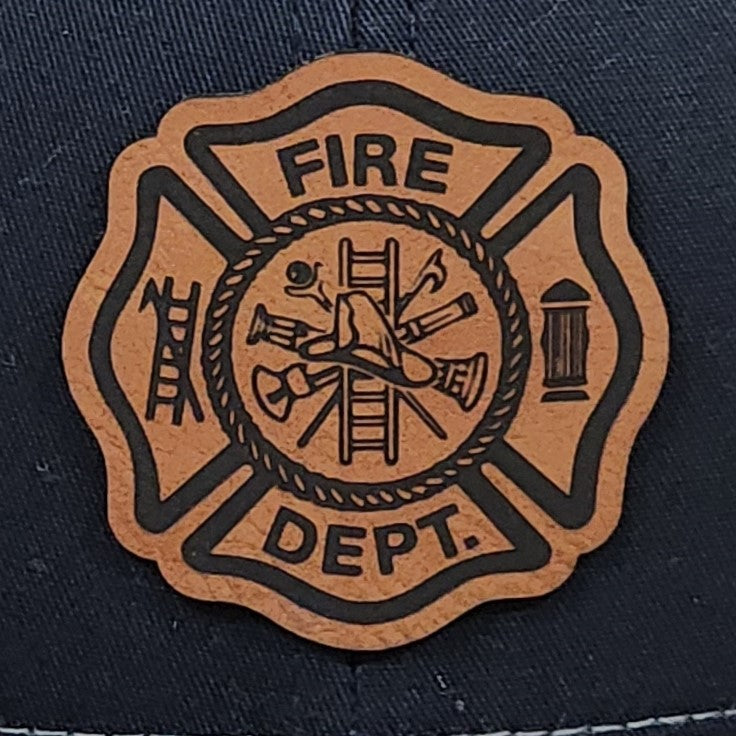 Fire Department leatherette hat patch with firefighting symbols, perfect for firefighters and hat enthusiasts.