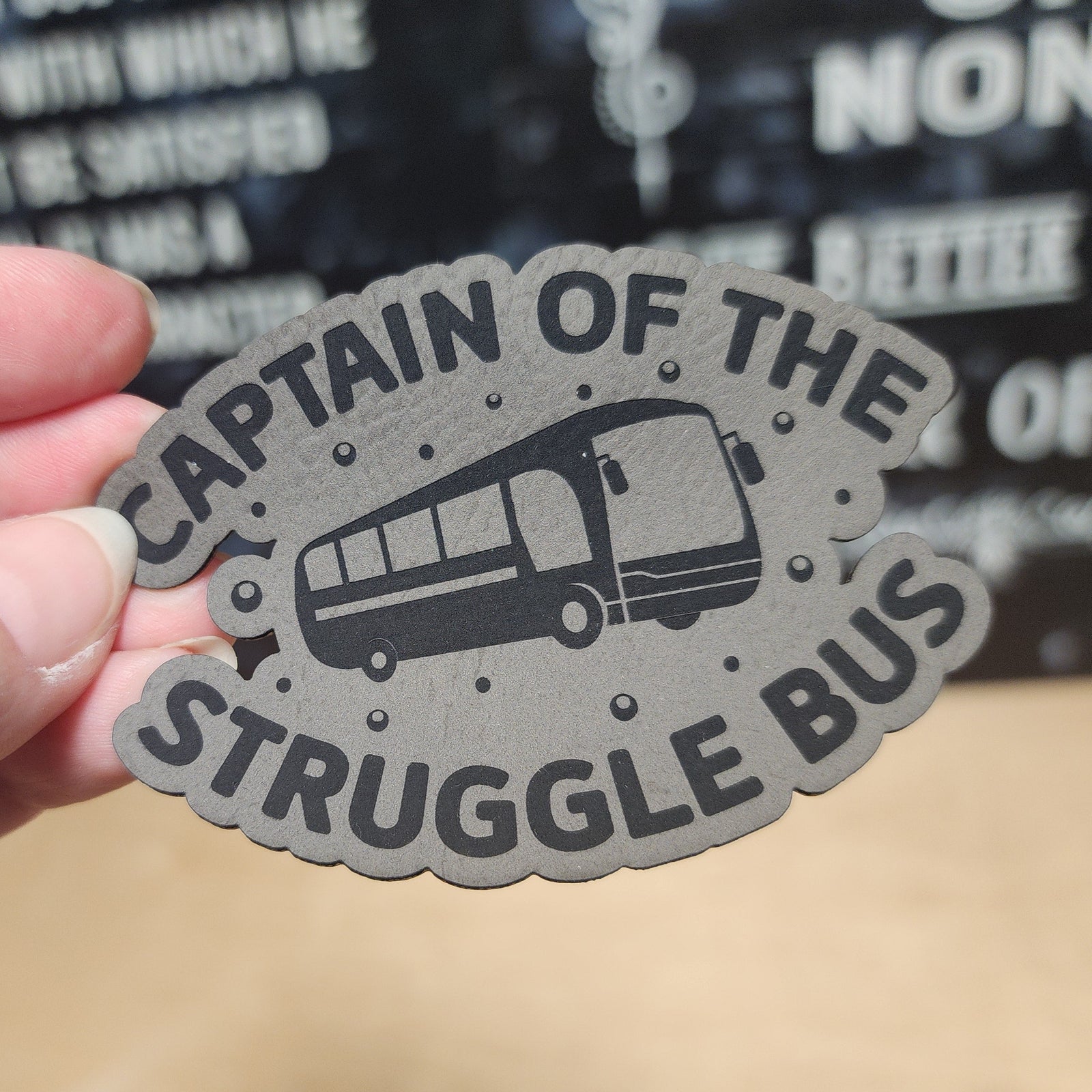 Captain of the Struggle Bus leatherette hat patch for unique gifts and funny accessories.