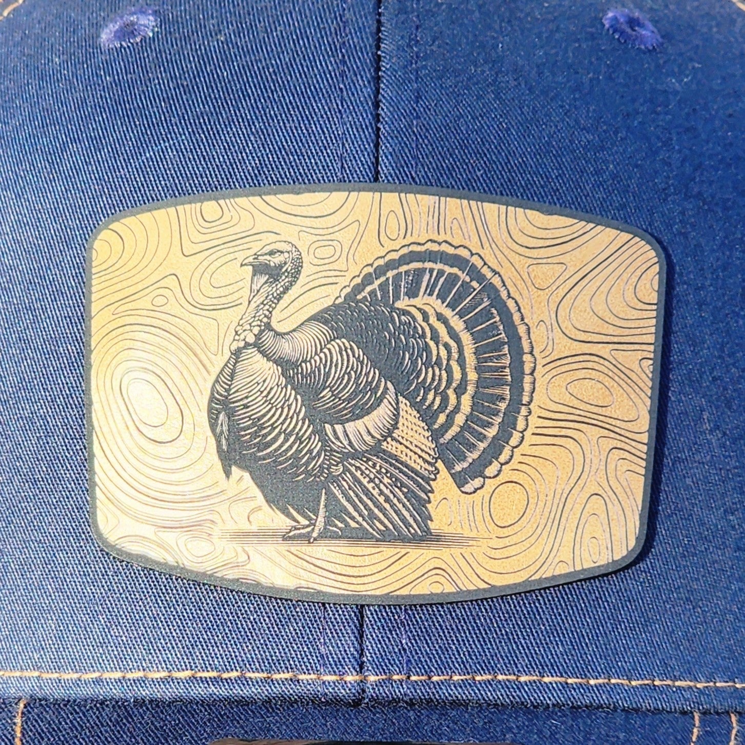 Thanksgiving turkey leatherette hat patch, unique outdoor cap accessory for holiday celebrations and hunting.