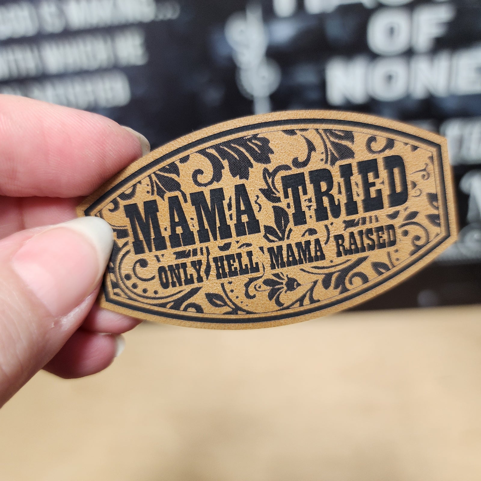 Mama Tried leatherette hat patch with floral design, perfect for hats and unique fashion accessories.