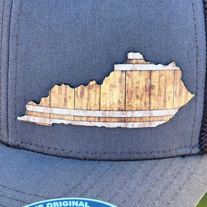 Kentucky state leatherette hat patch with rustic wooden barrel design for stylish outdoor adventures and gifts.