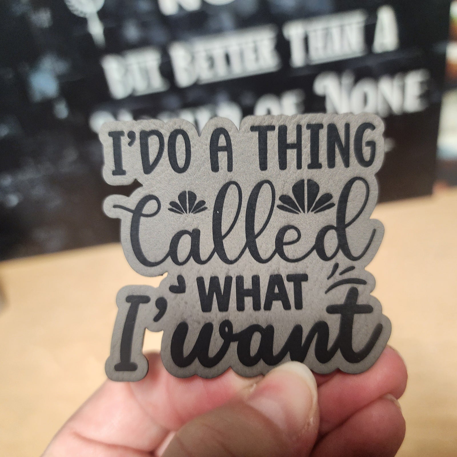 Leatherette motivational hat patch with the quote 'I do a thing called what I want' for unique style.
