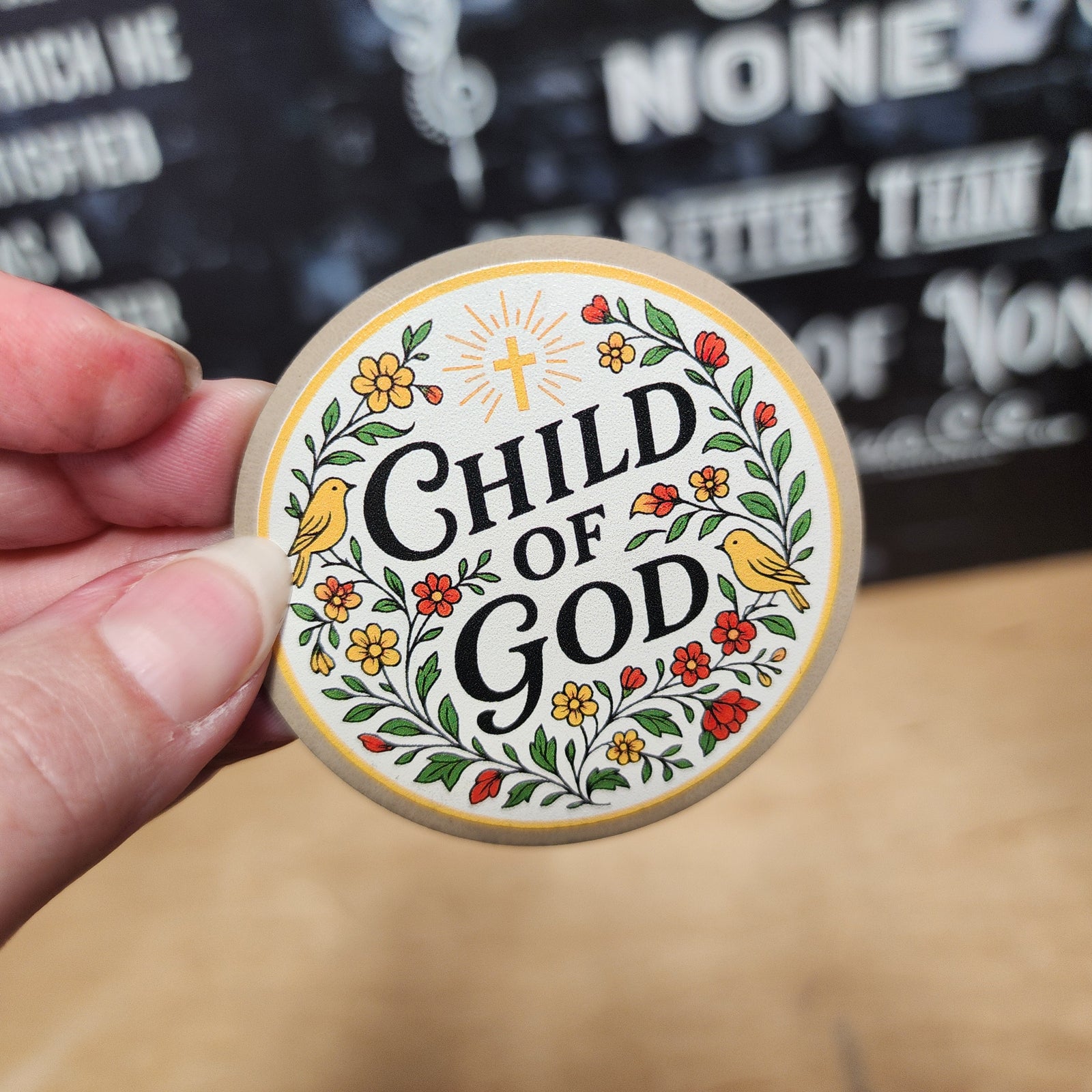 Child of God leatherette hat patch with floral design and cross, perfect for Christians and religious apparel.
