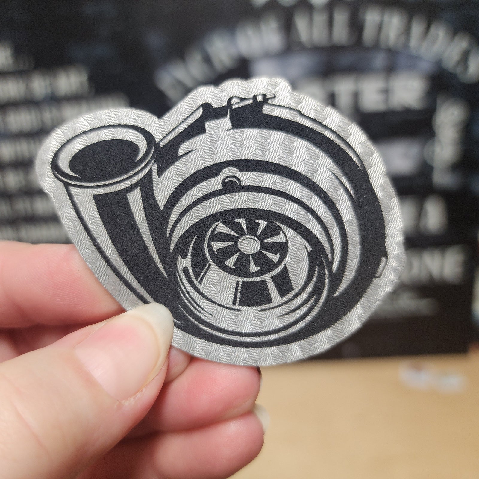 Turbocharger leatherette hat patch, perfect for automotive enthusiasts and gearheads, stylish accessory for any cap.