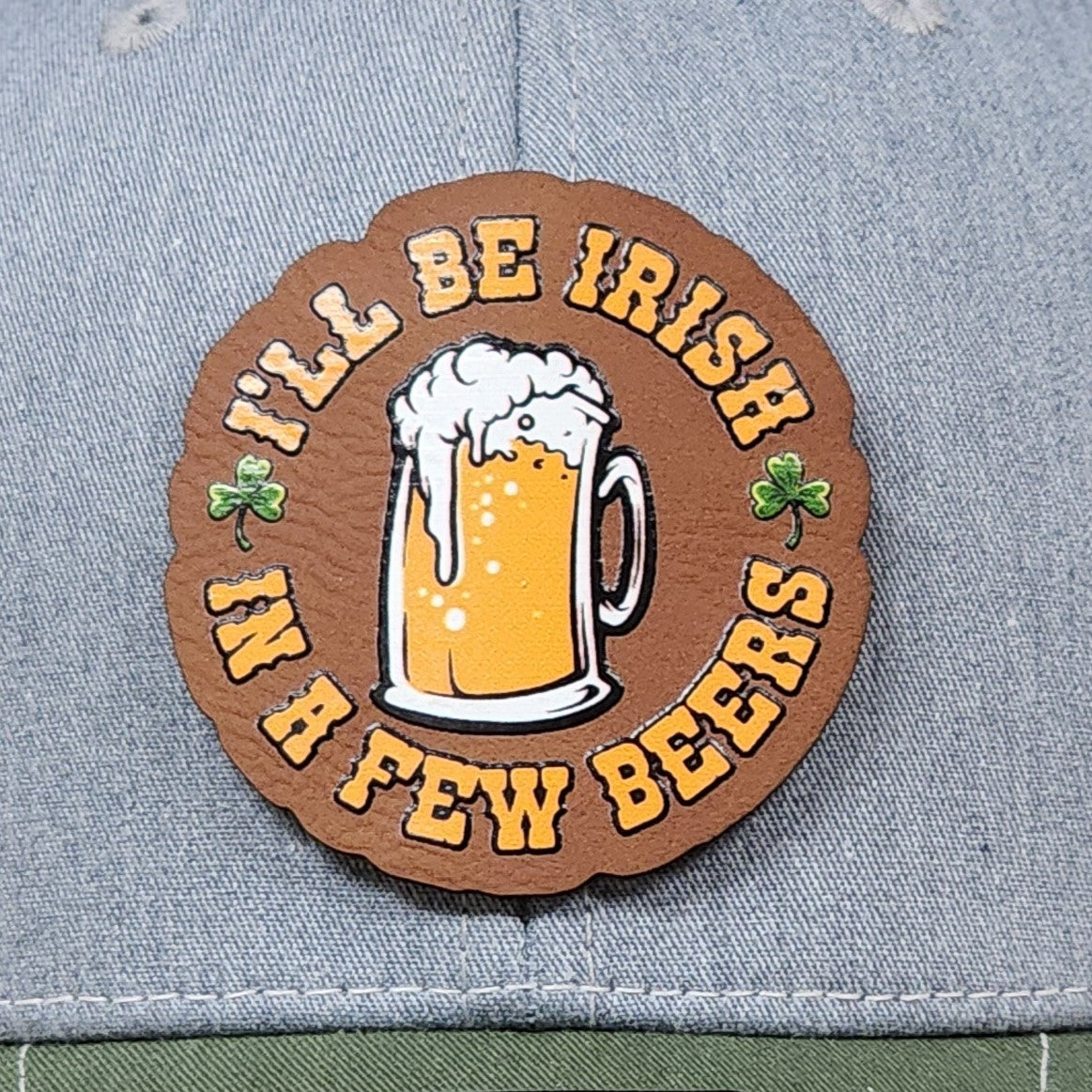St. Patrick's Day leatherette hat patch with beer design, great for festive celebrations and party accessories.