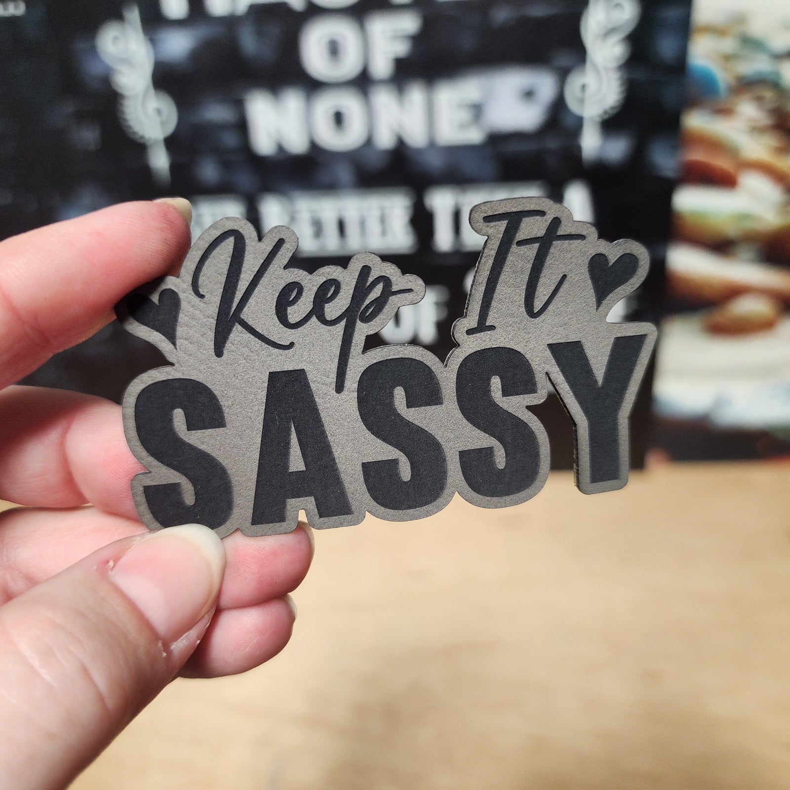 Keep It Sassy leatherette hat patch for trendy hats, fashion accessories, and personalized designs.